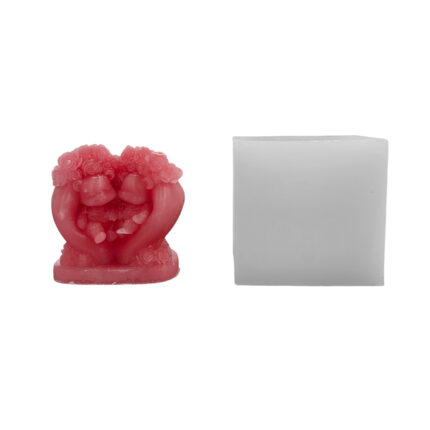 Silikon 3D Çiçekli Kalp İçinde Oturan Ayıcık Çifti Mum Kalıbı